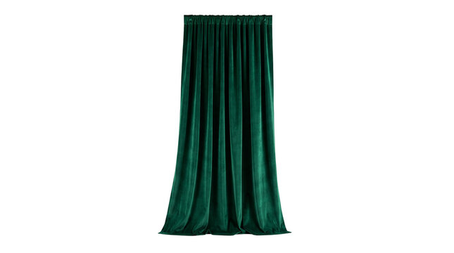 Elegant green velvet hanging stage curtain on transparent background