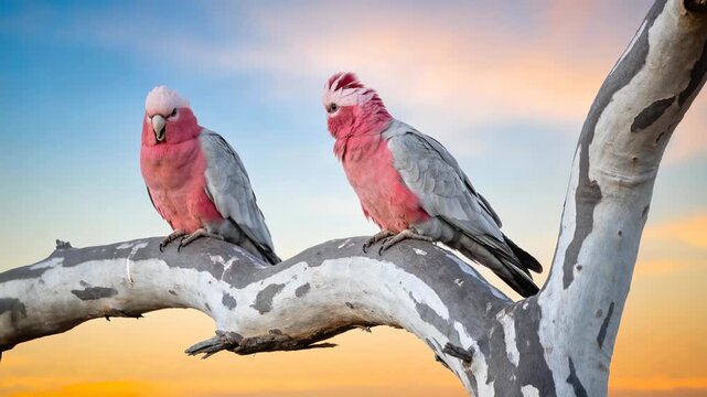 Pair of native australian galahs resting on a eucalyptus branch against a colorful evening sky