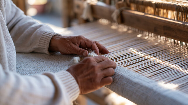 Hands of an experienced weaver thread a traditional floor loom with reclaimed wool fiber, close-up showing the precise interlacing of warp and weft threads, the wooden loom aged and worn from decade