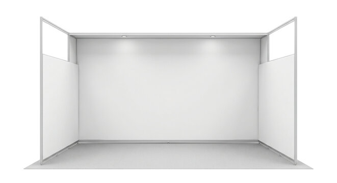 Blank white modular exhibition booth stand with overhead lighting