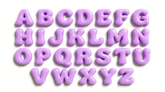 Lilac plastic alphabet letters in 3D showcasing a complete set from a to z with soft shadows uppercase purple font