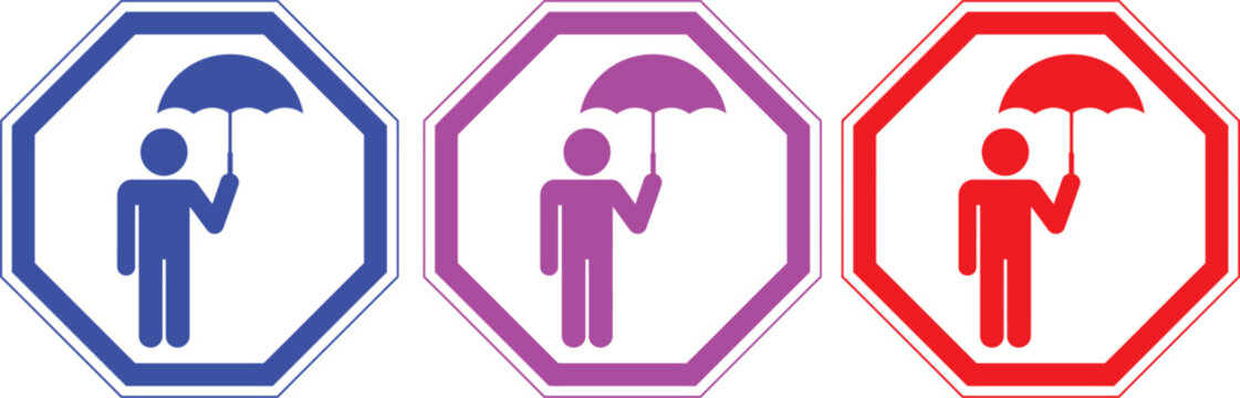 Colorful octagonal icons of people holding umbrellas