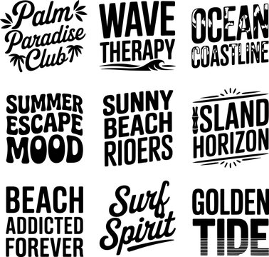 Logos celebrating coastal culture are presented in a balanced grid featuring wave imagery and stylized fonts to represent the spirit of island living and ocean-focused outdoor activities and gear.