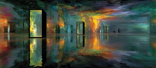 Fototapeta premium Room with mirrored floors and colorful projections on screens, walls and ceiling