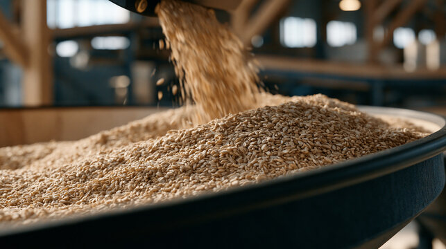 Drought-resistant crop seed treatment facility interior showing precision coating machine applying bioprotectant layer to engineered grain, agricultural biotechnology processing, food security manuf