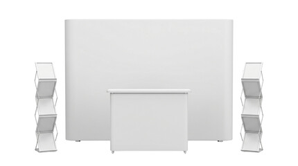 Blank white exhibition booth setup with counter and brochure stands on transparent background © shuphanida