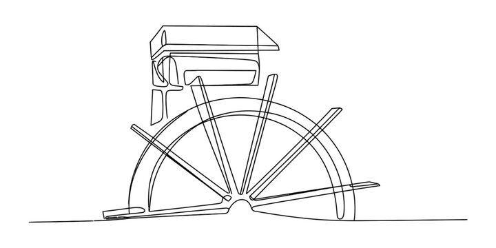 Single line drawing of a water wheel with a small building in the background Vector, illustration
