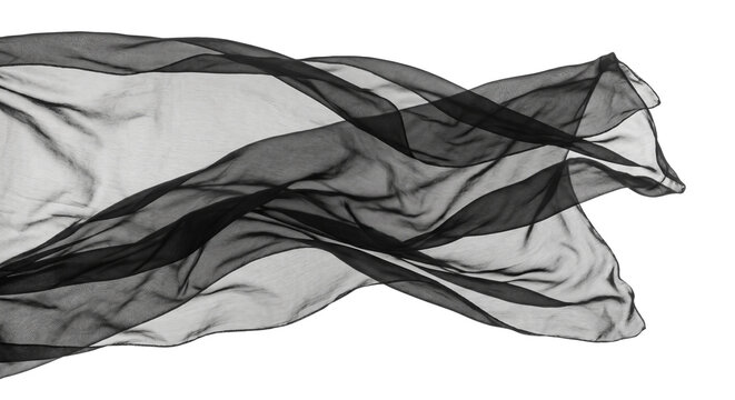 Floating black sheer chiffon fabric waving on transparent background