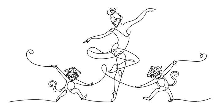 Ballet dancer performing a graceful pose with two monkeys in traditional conical hats, continuous line art Vector, illustration