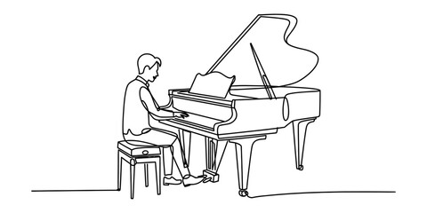 Man playing a grand piano in a minimalist line art style Vector, illustration © Creative_Outline2019