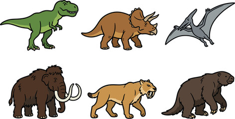Prehistoric Animal and Dinosaur Cartoon Icon Set Featuring Tyrannosaurus Rex Triceratops Flying Pterodactyl Woolly Mammoth Saber Toothed Tiger and Giant Sloth Illustrations © Lcpl
