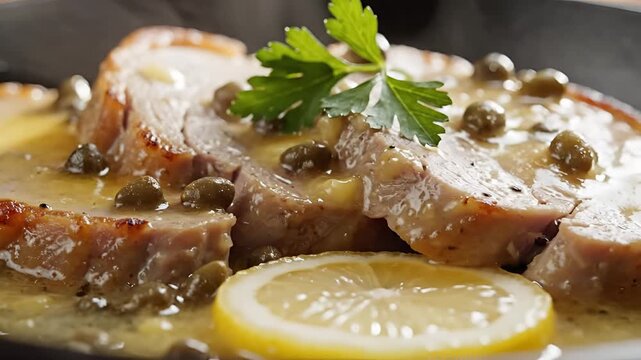 Delicious Pork Tenderloin with Lemon Caper Sauce and Parsley Garnish.
