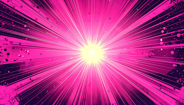 Explosion of vibrant pink and yellow light rays radiating from a central point, with a distressed, energetic, and retro comic book aesthetic