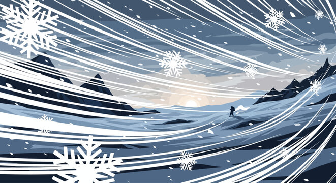 Person skiing in a blizzard with large snowflakes falling on a winter mountain landscape