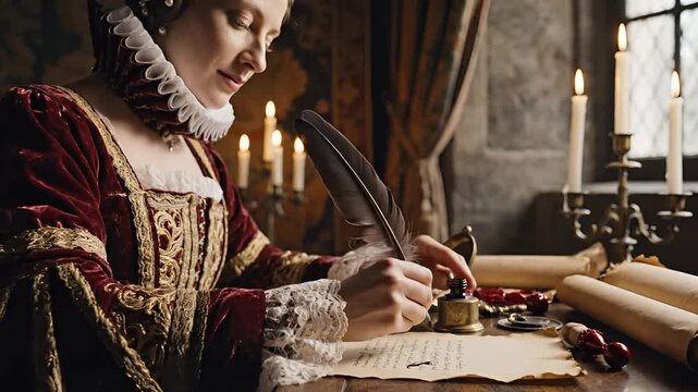 Elegant Queen in Historical Costume Writing with Quill Pen at Desk.