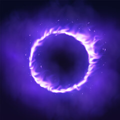 Obraz premium Abstract purple flame creating an energetic portal with smoke and sparks on a black background