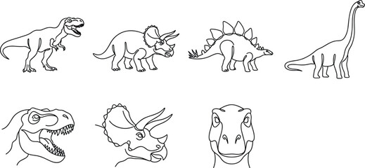 Minimalist Dinosaur Line Art Icon Set Featuring Roaring Tyrannosaurus Rex Triceratops Stegosaurus Brachiosaurus and Detailed Reptile Head Profiles for Creative Logos and Tattoo Designs © Lcpl