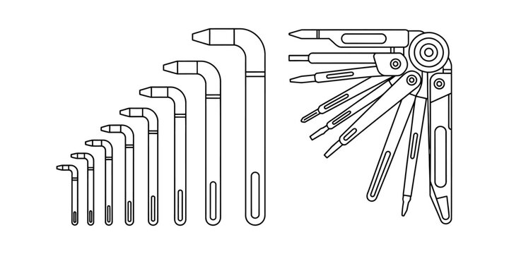 Set of allen hex wrenches and multi-tool with screwdriver bits Vector, illustration