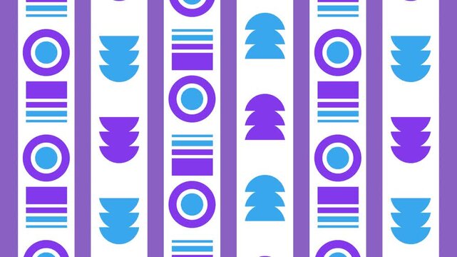 Seamless loop animation of an abstract Bauhaus geometric background featuring blue, purple, and white objects moving up and down in a continuous linear motion grid