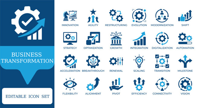 Business Transformation and Corporate Evolution Icons. Featuring digital restructuring, agile strategy shift, automation, and core growth symbols. Professional duotone vector set for business apps