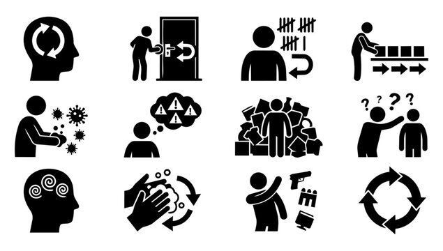 OCD and Obsessive Compulsive Disorder Silhouette Icons Set