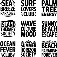 Obraz premium Lettering motifs composed of thematic summer phrases and coastal lifestyle vocabulary are presented in a clean black and white grid layout suitable for creative layout designs and print assets.