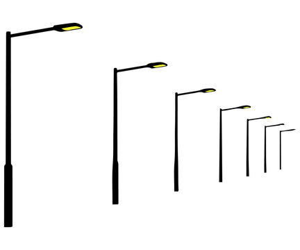 modern street light pole silhouette vector set in perspective view isolated on white background .