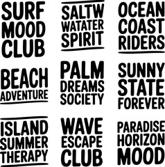 Obraz premium Typography collection featuring surf and coastal themes showcases black hand-drawn lettering phrases arranged in a structured grid format for a beach lifestyle design project with ample copy space.