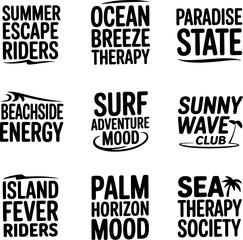 Fototapeta premium Typography composition presents nine separate black ink logos featuring adventurous coastal and beach themed phrases alongside minimal graphic accents suitable for branding or casual summer apparel.