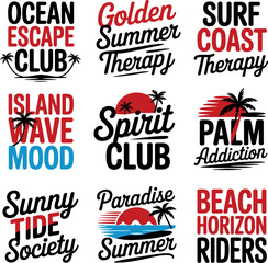 Obraz premium Graphic collection showcases nine artistic summer emblems with cursive scripts and bold black and red lettering incorporating illustrations of palm trees and radiant suns for seasonal beach.