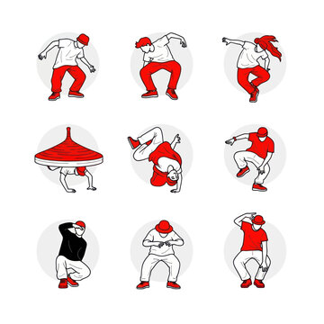 Breakdancing Moves Set: Hip Hop Dancer Poses, B-boy Style, Red and White Illustration