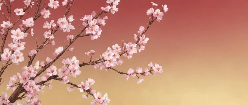 Stylized Pink Cherry Blossoms on Pastel Red and Gold Gradient Background