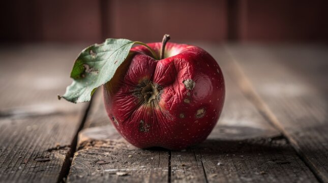 A wrinkled, decaying red apple with a single leaf sits on a rustic wooden plank, evoking a sense of time and impermanence.