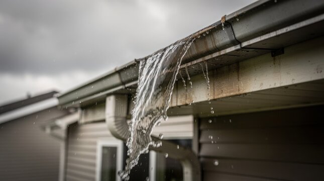 Rainwater overflows from a clogged gutter during a heavy downpour, cascading down the side of a house under a stormy sky.