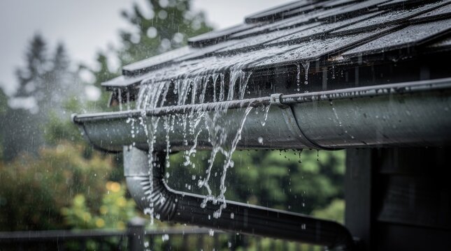 Heavy rain cascades from a shingled roof, overflowing a dark gutter. A dynamic, close-up shot of a downpour with a blurred, green background.