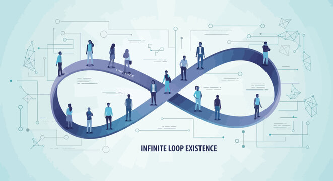 Infinite loop of existence with diverse people walking on the path
