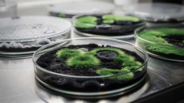 Close-up of vibrant green moss growing in petri dishes on a dark substrate in a sterile science lab.