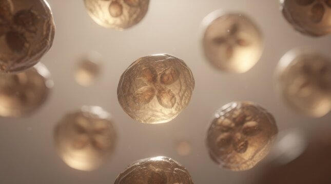 A microscopic view of translucent, spherical cells floating and dividing. The image illustrates an early stage of biological development or reproduction.