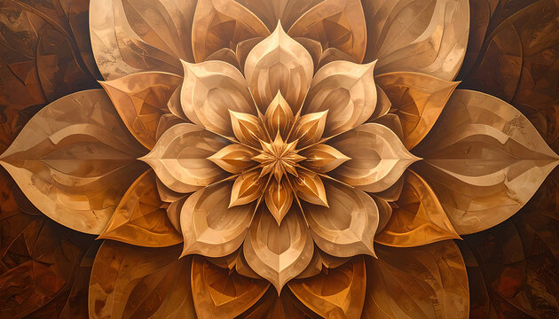 Intricate brown floral mandala pattern with golden glitter highlights, ornate symmetry, detailed petals, decorative digital art suitable for wallpaper or textile design.