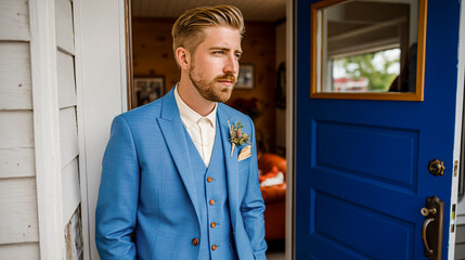 Fototapeta premium Groom in Blue Suit Awaiting Moment A stylish groom, dressed in a light blue suit and vest, awaits his special moment.