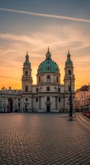 Fototapeta premium Baroque Church with Green Dome Standing in Empty Cobblestone Square at Sunset