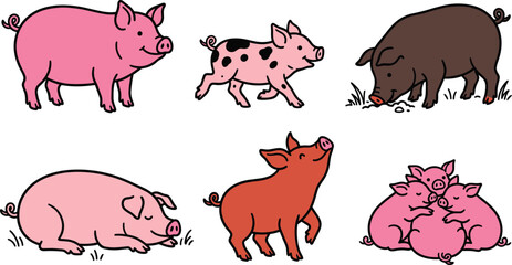 Farm Pig and Cute Piglet Cartoon Icon Set Featuring Standing Sow Running Spotted Piglet Sniffing Boar Sleeping Pig Happy Swine and Huddled Piglets Group Illustrations © Lcpl