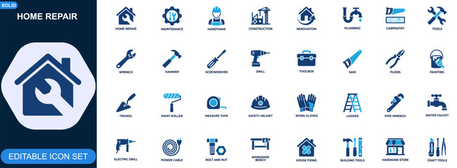 Home repair and maintenance icon set. Handyman tools, construction, renovation, plumbing, carpentry, workshop equipment, house fixing. Editable icons collection. Vector. © JIm Studio