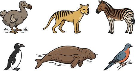 Extinct and Endangered Animal Illustration Set with Dodo, Thylacine, Quagga, Penguin, Steller's Sea Cow, and Passenger Pigeon for Wildlife Design Projects © Lcpl