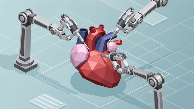 Futuristic robotic heart with metallic arms in a digital lab environment for technology concept