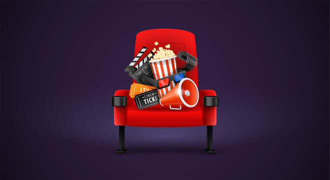 Red cinema chair with movie tickets, popcorn, popcorn in a paper cup, loud speaked and producer clapperboard on. Symbols of classic retro cinematography online cinema theater. Vector illustration