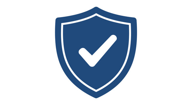 A blue shield icon featuring a white checkmark symbol for security concepts