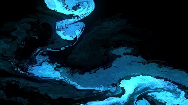 Luminous blue liquid ink swirl on a dark background, creating fluid smoke texture and abstract energy flow for cinematic design, overlays, art visuals and 4K motion graphics.