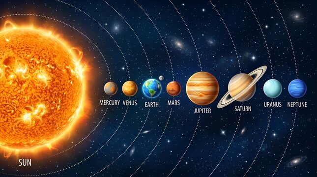 Solar system planets orbiting the sun, cosmic space