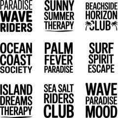 Obraz premium A collection of nine graphic designs featuring stylized text and tropical imagery related to beach and surf culture, suitable for apparel or merchandise.